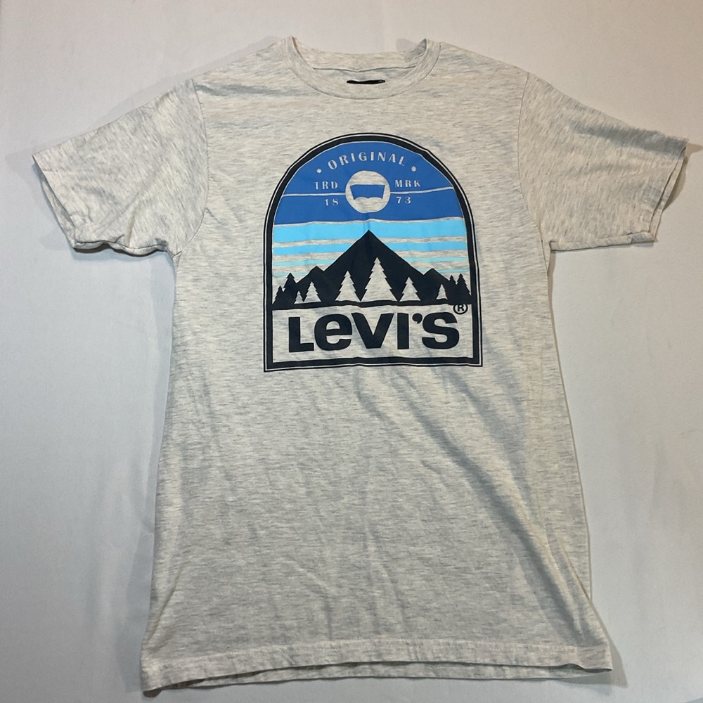 Levi's Heather Gray T-Shirt, Size S Mountains Blue Background‎ Short Sleeve